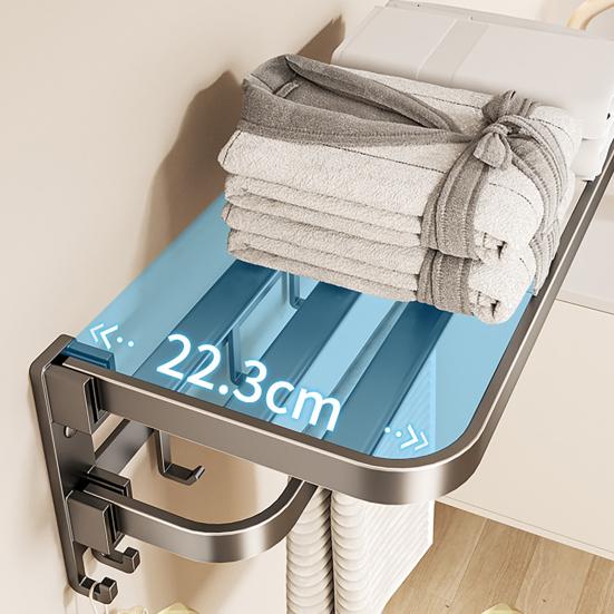 Towel Rack Foldable Wall Mounted Space Aluminum Towel Rail with Hooks Black Matte Finish Durable Rust-Resistant Bathroom Storage