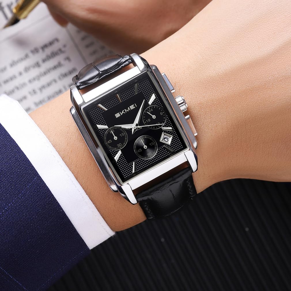 Skmei Square Watch Black Leather Strap Stylish Arm Watch Chronograph Waterproof Brand Analog Business Casual Watch Luxury Gift Silver Black Watch for