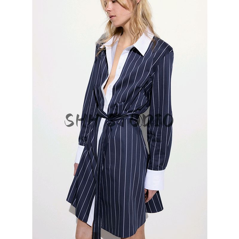 Spring and Summer New Women's Clothing Fold Collar Micro Drop-Shoulder Long-Sleeve Waist Belt Shirt Style Dress 1282331