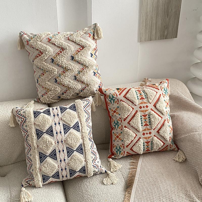 Boho Tufted Throw Pillow Cover with Handwoven Stripes Tribal Bohemian Cotton Hand Woven Tufted Square Cushion Covers JAF076