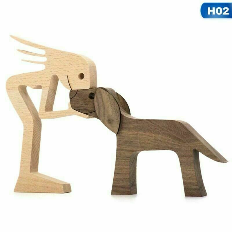 Hand Carved Wooden Unpainted Dog Human Carving Figurine Statue Unfinished Gift
