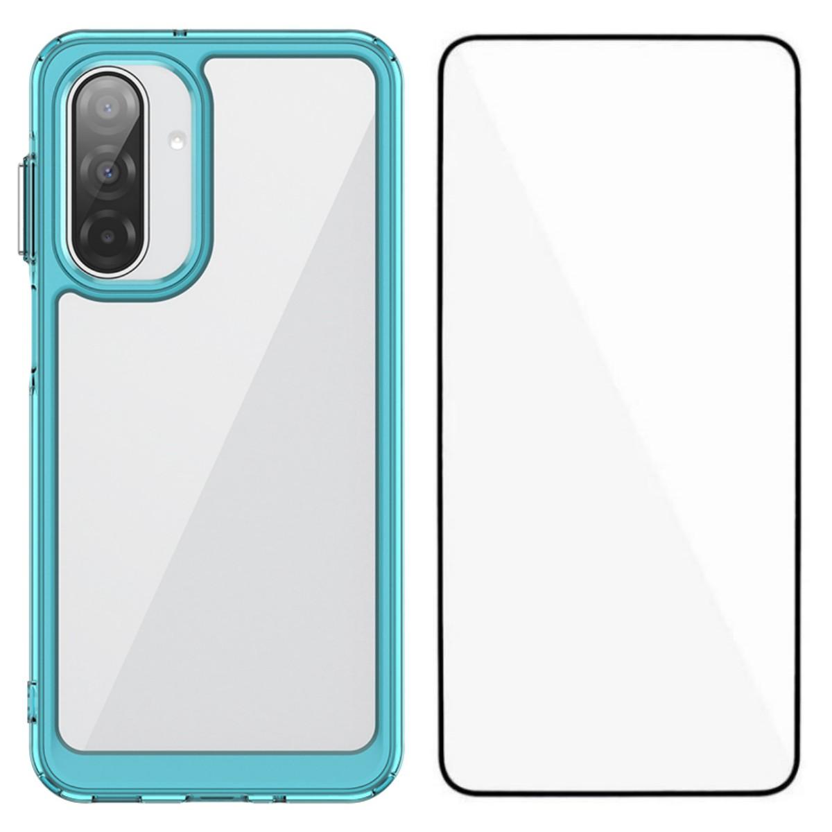 

For Samsung Galaxy A17 5G Phone Case WANLONFENG XC Series TPU Acrylic Cover with Tempered Glass (Big Lens Hole) Transparent Blue