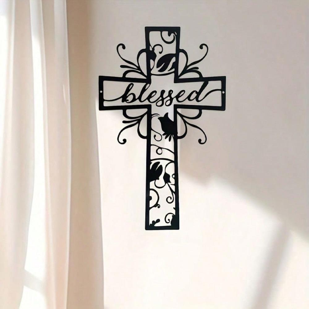 1 PC Blessed Cross with Lucky Clover and Good Looking Decorative Branch Pattern Metal Wall Art Modern Home Decor for Bedroom, Living Room, or Bathroom