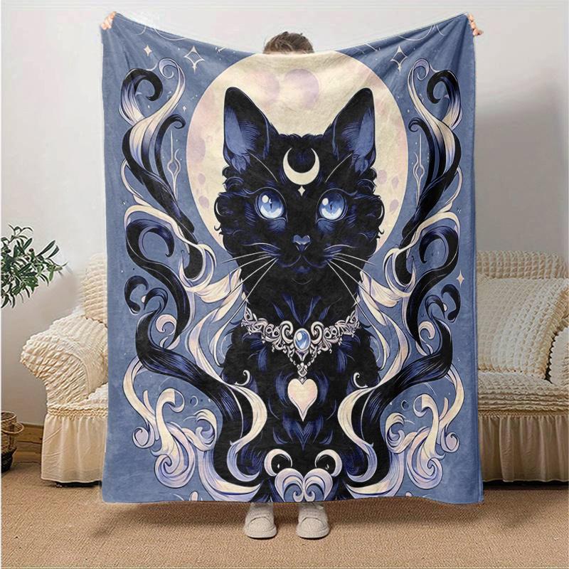1pc Moonlight Black Cat Blanket  Seasonal Home Decorative Throw, Unique Gift Idea, Living Room, Travel, Camping, Car Blankets