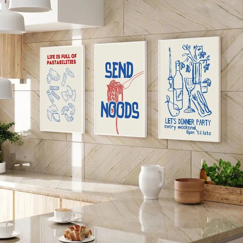 Color Food Line Drawing Canvas Painting Living Fashion Vintage Spaghetti Red Wine Print Posters Room Kitchen Wall Art Home Decor
