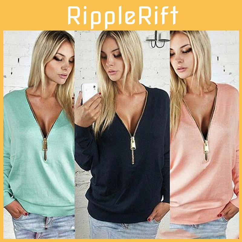 Fashion Full Women Sleeve Sexy Deep V Neck Blouse Plus Size Sweater Zipper