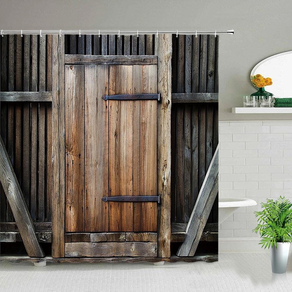 Retro Holz Türen Duschvorhang Set Rustikal Alt Vintage Scheunentor Stoff Badezimmervorhänge Bauernhaus Baddeko Badwände Haken