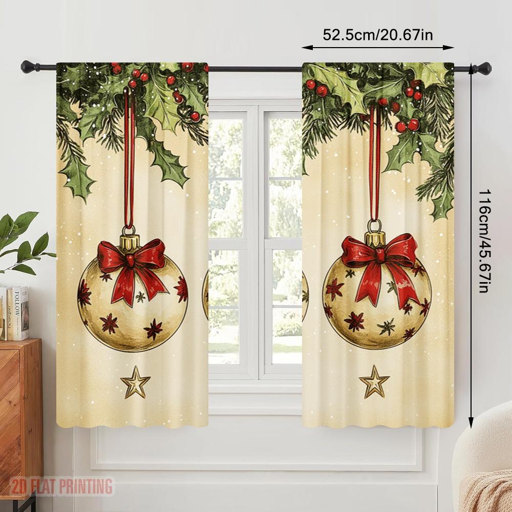 2pcs,2D Plane Printing Curtains Christmas Ornaments Holly Bows (2) Versatile Durable Polyester (without Rod) All Seasons Perfect