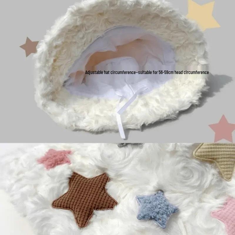 New Arrival: Women's White Star Plush Fisherman Hat - Japanese Style Winter Accessory