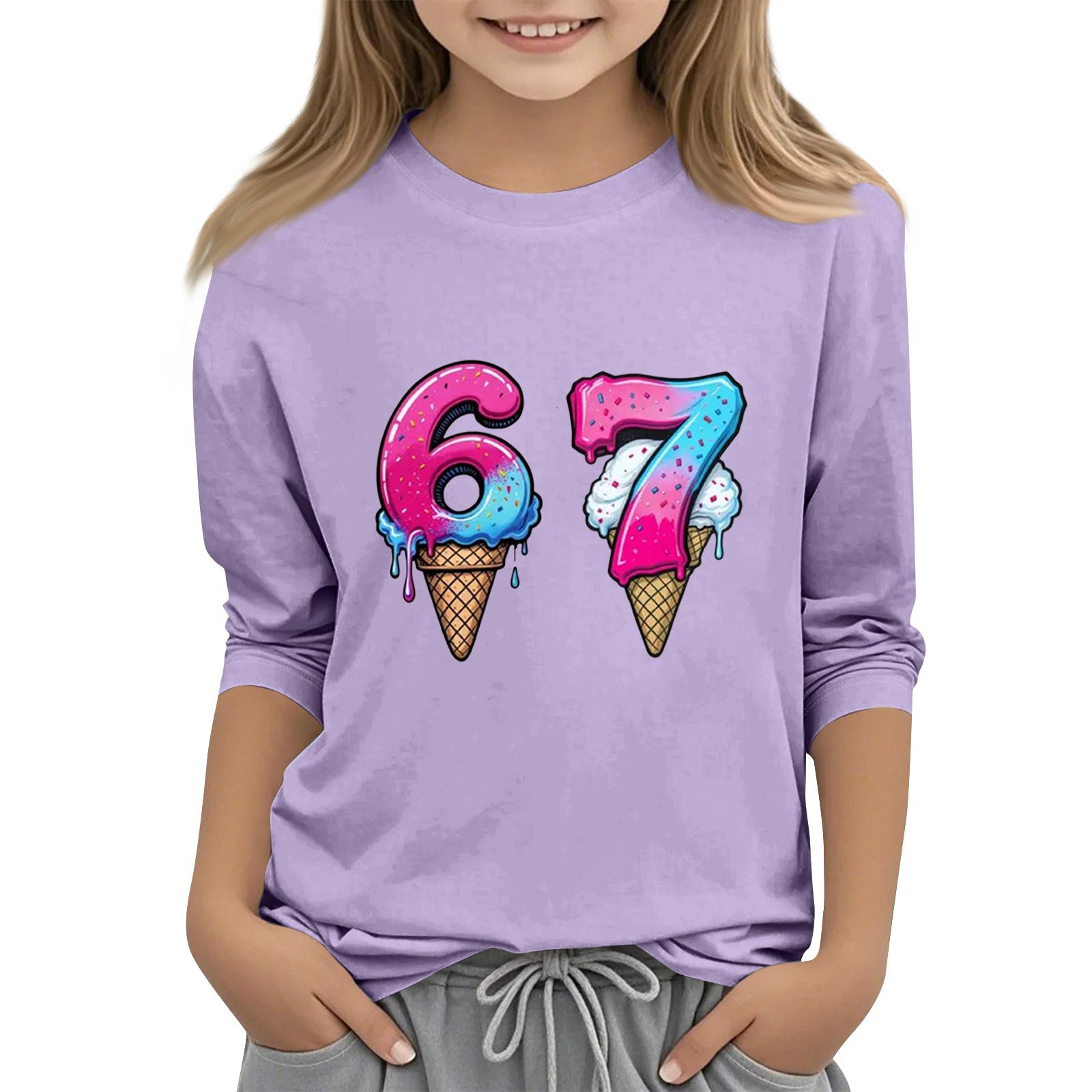 

Детская мода Футболка с рукавом три четверти, круглым вырезом, с принтом, повседневный топ 120 фиолетовый