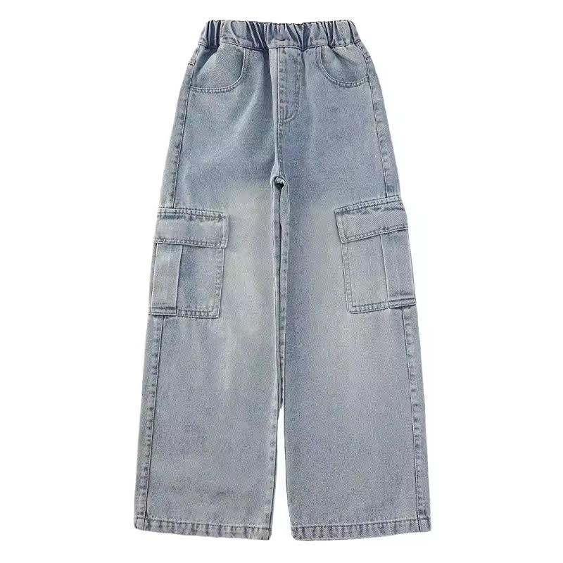Girls Cargo Demin Pants Kids Casual Loose Wide-legged Jeans Teenagers Fashion Streetwear Baggy Trousers Children Clothes 5-12Y