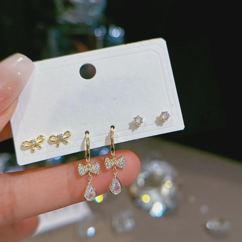 925 Silber Nadel Ohrring Set - Goldene Schleife und Persönlichkeitsdesigns, Drei Paare