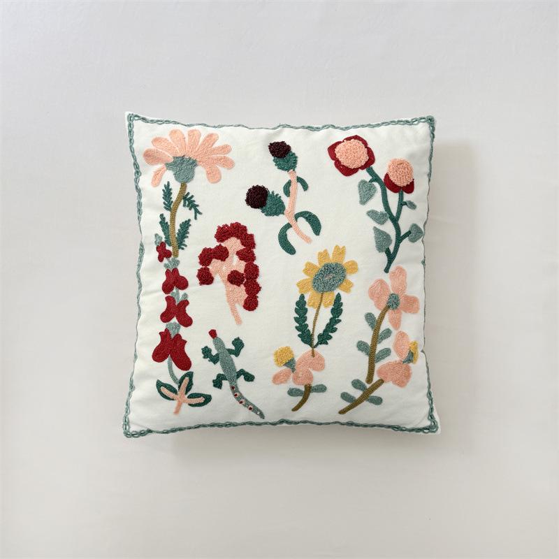 American Pastoral Floral Embroidery Canvas Cushion Cover - Cotton & Linen