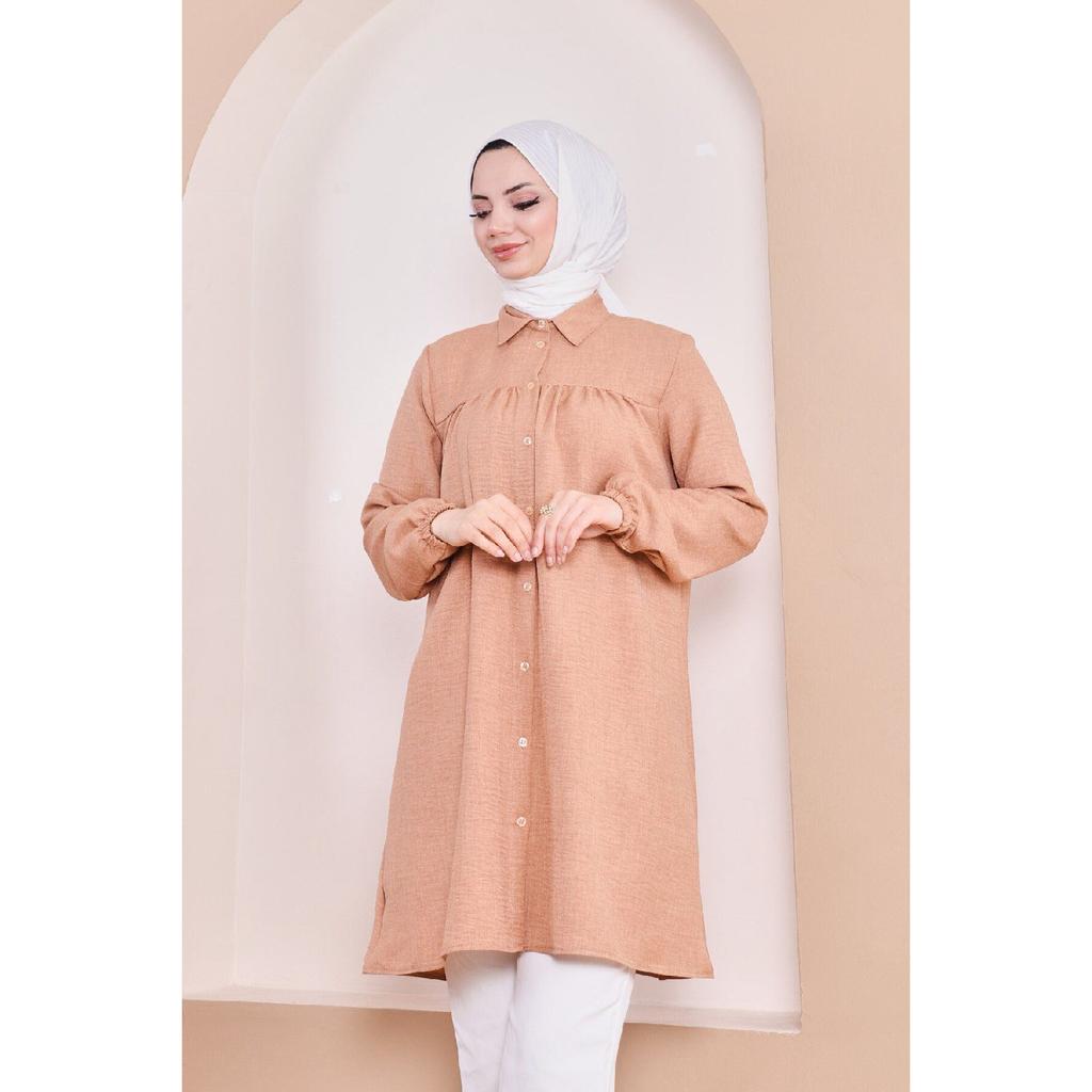 Women's Imported Linen Tunic Shirt With Gathered Front And Elastic Sleeves