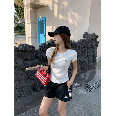Wool-closed Round Neck Straight Shoulder Short-sleeved T-shirt for Women In Summer Bow Embroidery Comfortable and Versatile Slim Commuter Top