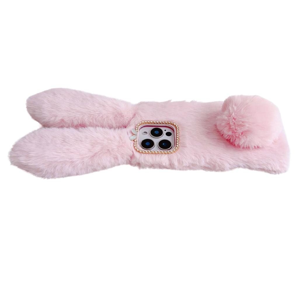 For iPhone 16 Pro Case Bunny Ears Furry Soft TPU Protective Phone Cover