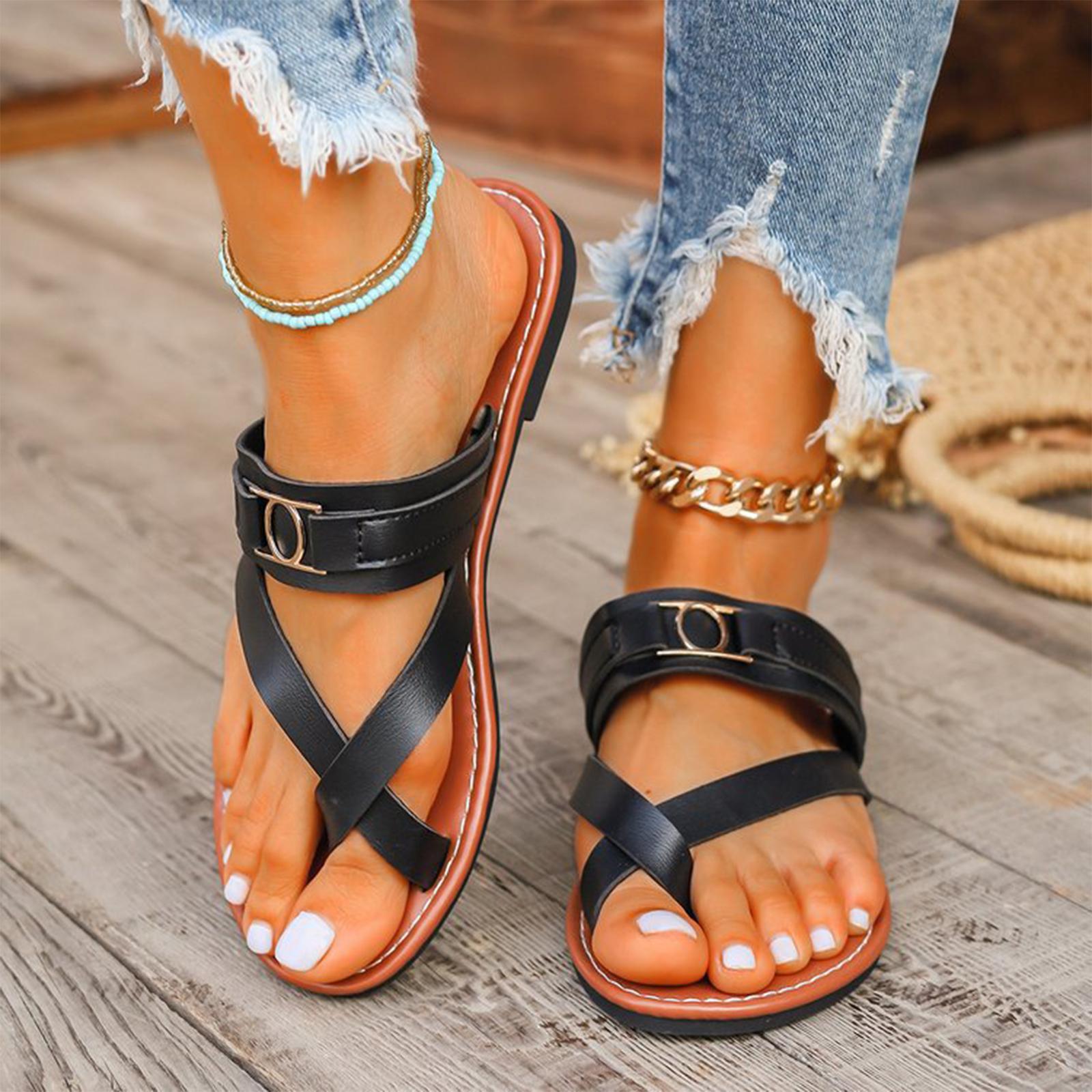 

Summer women s toe flat buckle retro outdoor beach sandals 36 чёрный