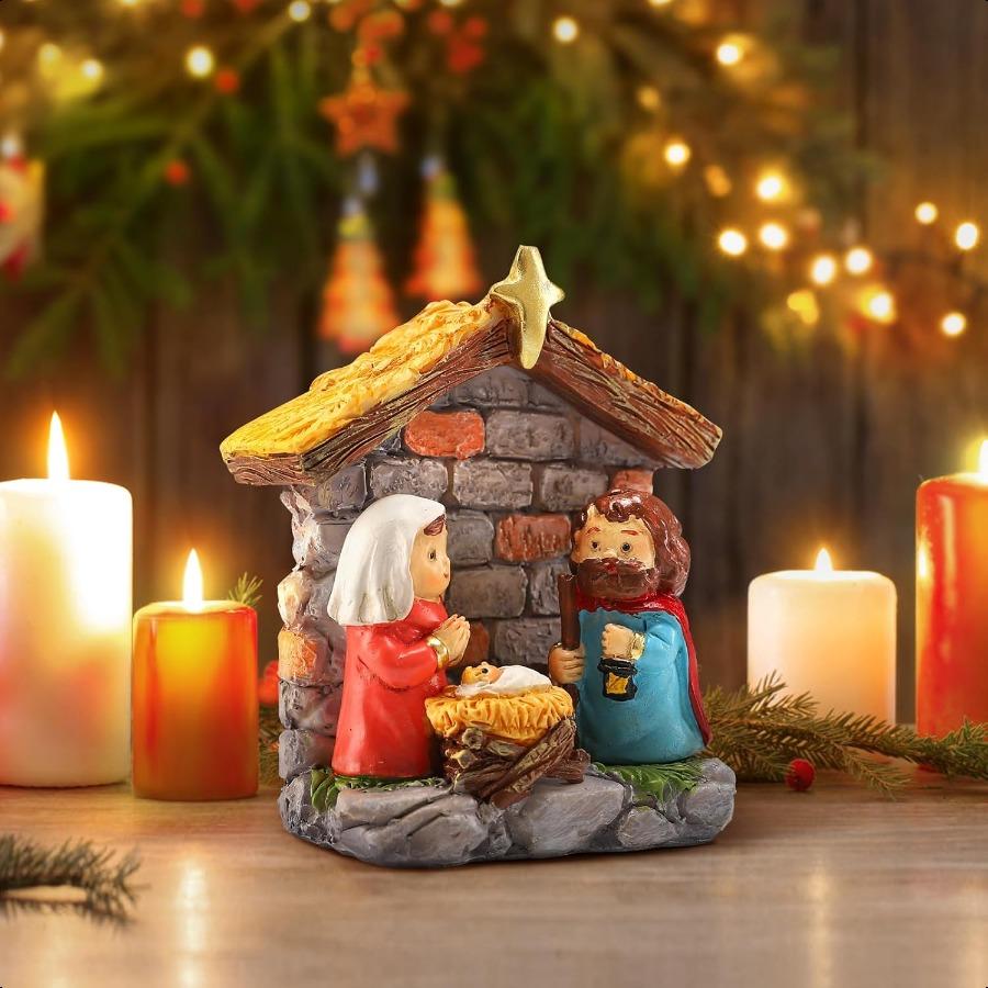 Christmas Nativity Scene Set Holy Family Figurines with Baby Jesus Mary Joseph In Manger Resin Little Nativity Sets and Figures