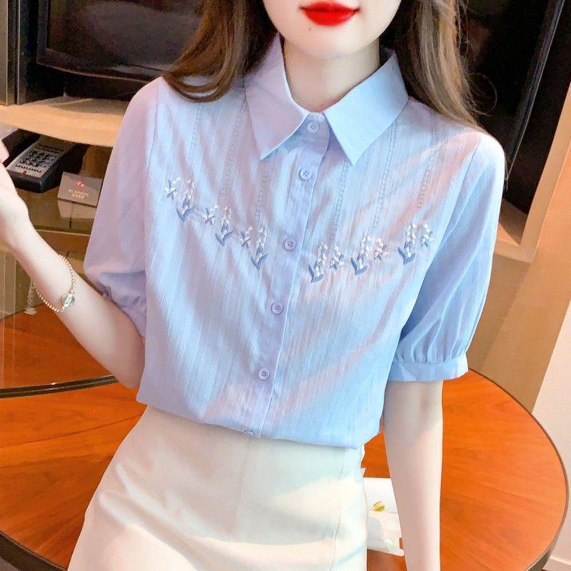 Cămașă de damă la modă din bumbac pur brodată cu mânecă scurtă - Vara 2024