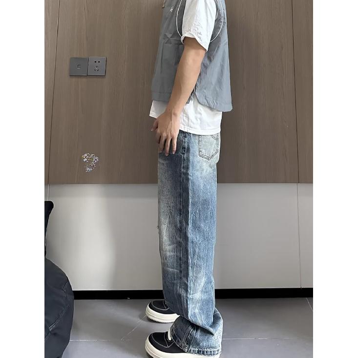 Herbst und Winter Neue amerikanische High Street gewaschene helle Jeans für Männer und Frauen mit geradem Bein, leicht ausgestelltem Bein und weitem Bein