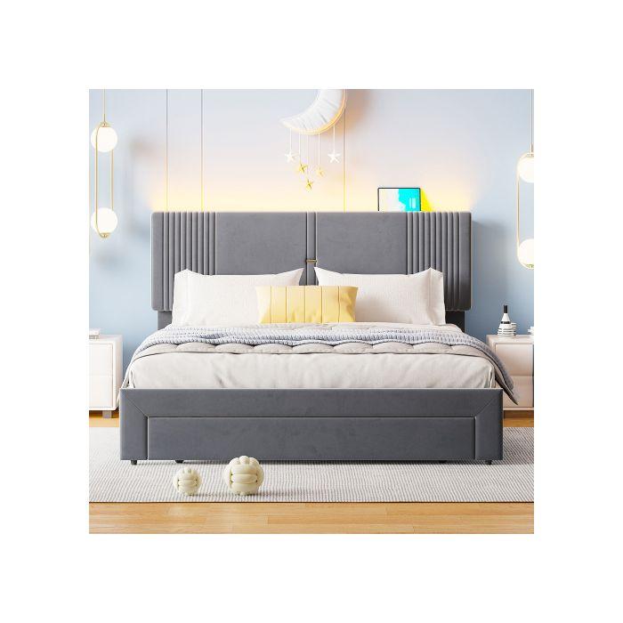 Lit Capitonné - MUVOE - 160x200 Cm - Avec Barre Lumineuse - Prise USB - Grands Tiroirs Gris