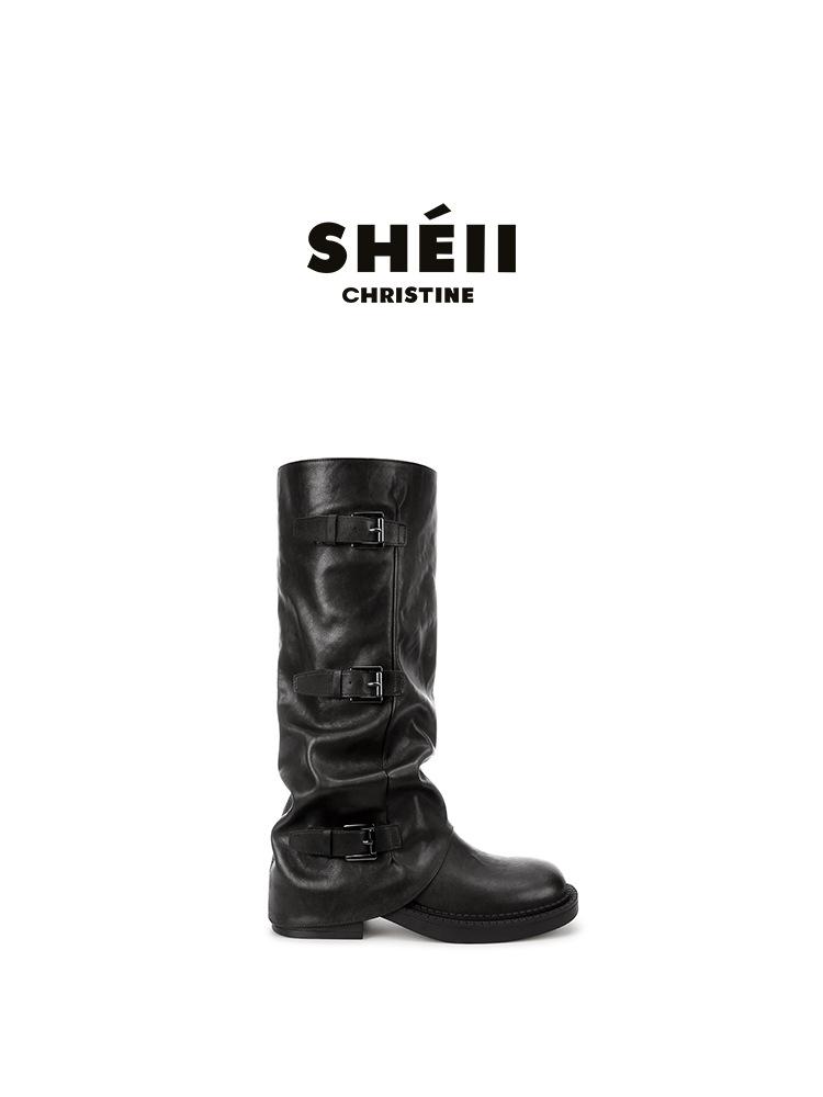 Su Yinyin has the same round head versatile Spice Girl trouser tube boots, thick sole heightening belt mouth, medium tube, western boots, stacked sh