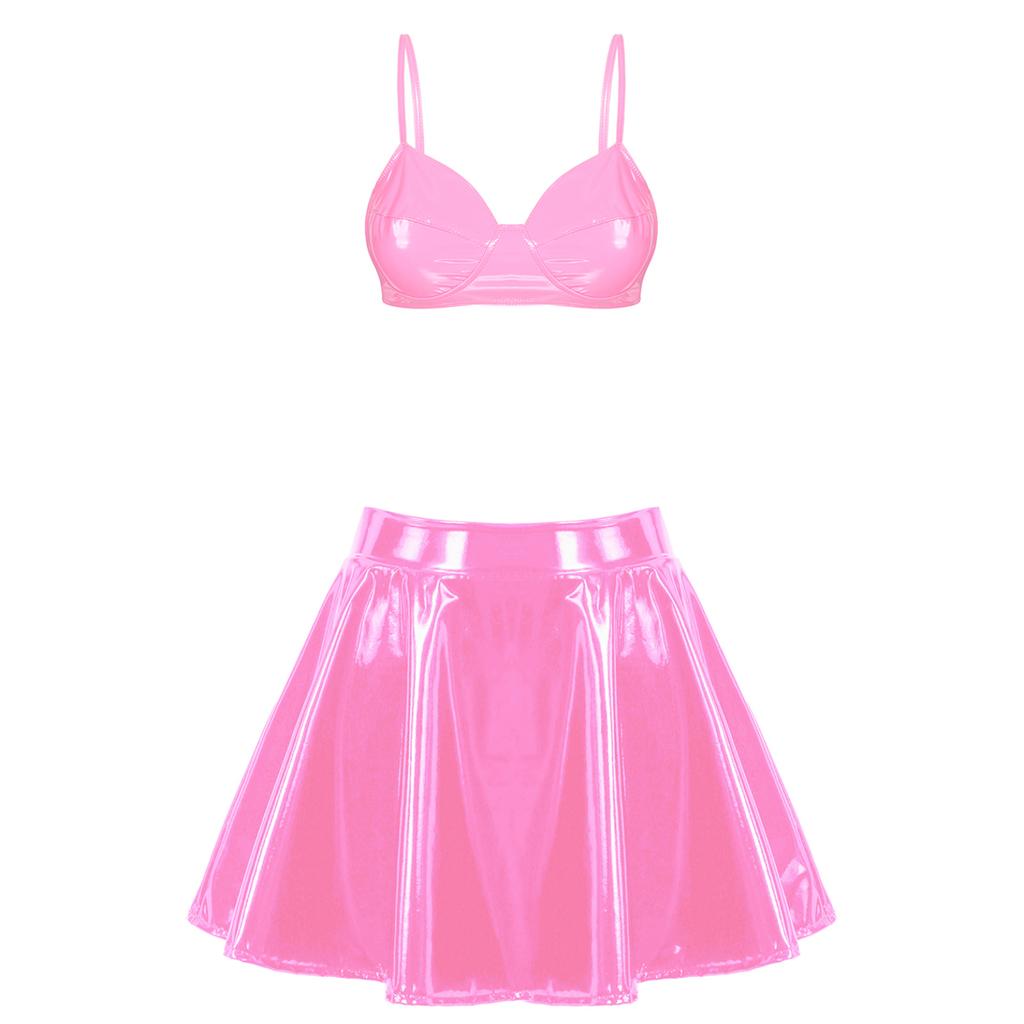 Womens Wet Look Patent Leather Set Wire-free Bra Top with Zipper Flared Skirt for Lingerie Night Club
