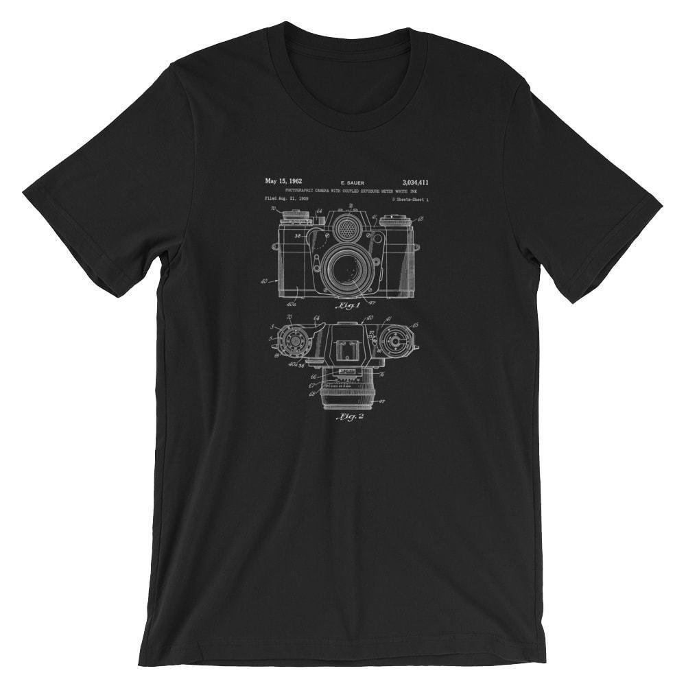 Camera Patent T-Shirt. Premium 100% Soft Cotton Photography Tee on Blk Gry or Wt
