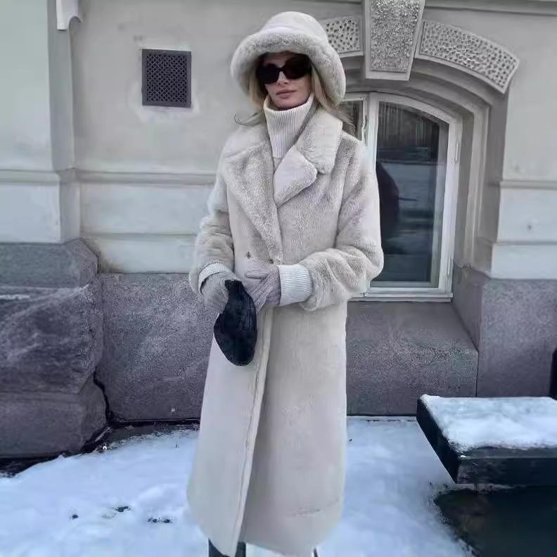 Autumn and Winter Imitation Rabbit Fur Coat Women's Russian Fur Coat Slim Fit Elongated Suit Collar Fur Jacket Women