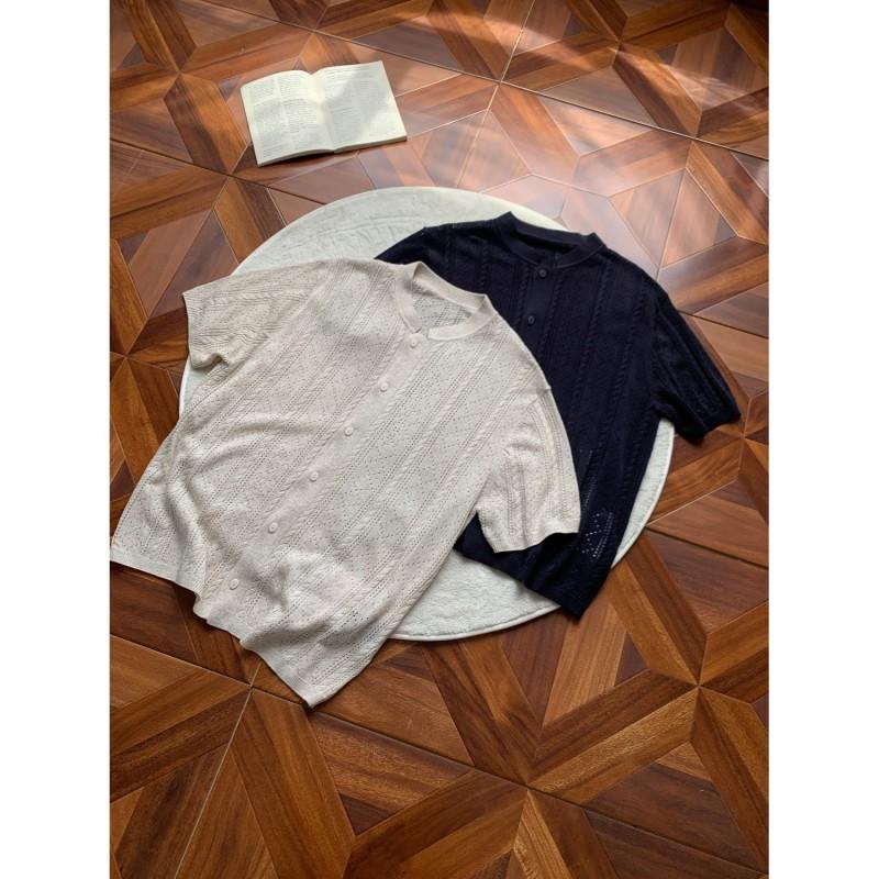 2026 Crew Neck Knit Top Short Sleeve Hollow Out Solid Color Basic Style Young Men