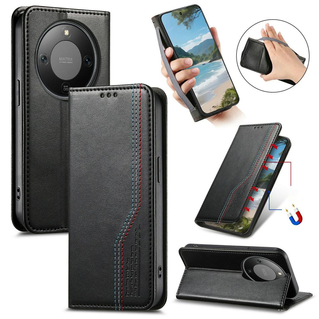 For Honor X70 Pro 5G Case Wallet Tri-Color Stitching Leather Phone Cover with Elastic Wristband