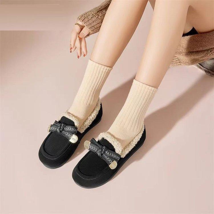 Winter Round Head Velvet Cotton Shoes New Winter Retro Birkenstock Soft-soled Bow Wear-resistant Fluffy Shoes