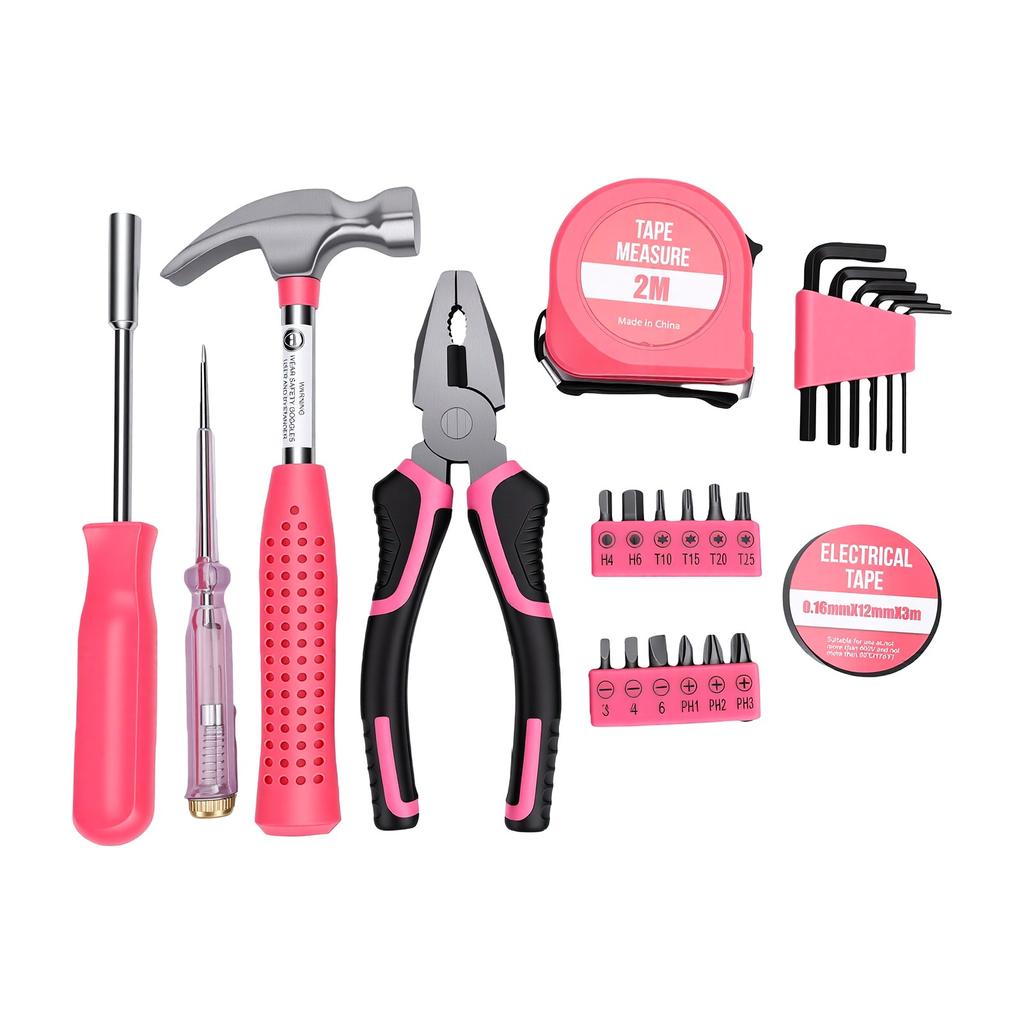 24-teiliges Mini-Werkzeugset mit rutschfestem Griff, Pink, Tragbares Handwerkzeug-Set für Frauen, Heimwerkerwerkzeug
