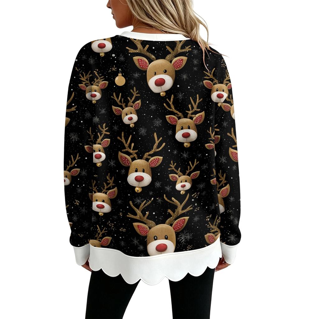 Women's Christmas Print Crewneck Sweatshirt with Scalloped Wavy Hem Casual Holiday Top
