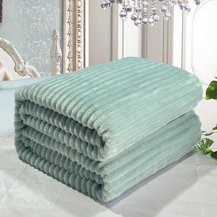 Thickened Flannel Striped Velvet Blanket, Plain Color Coral Fleece