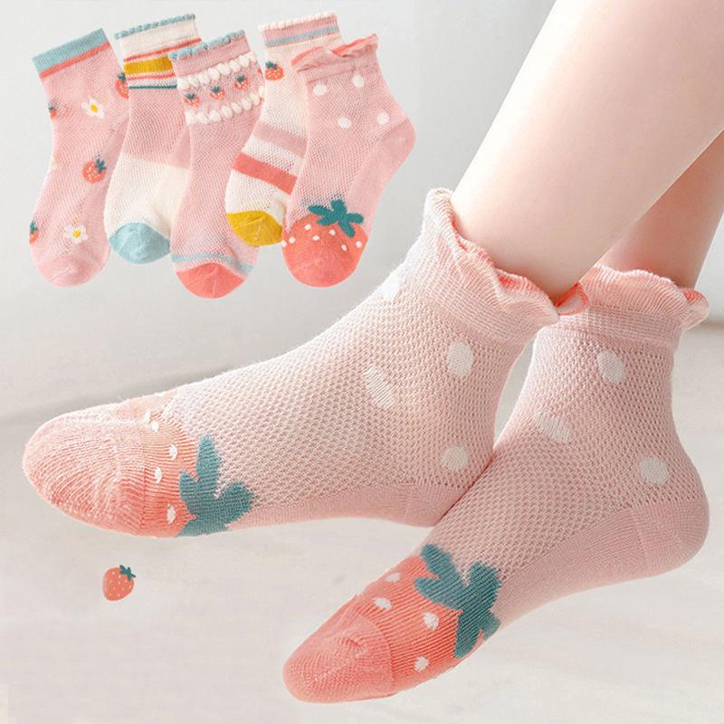 5Pairs/Lot Baby Socks Summer Mesh Thin Cotton Short Socks For Girls Kids Flower Strawberry Print Casual Sock