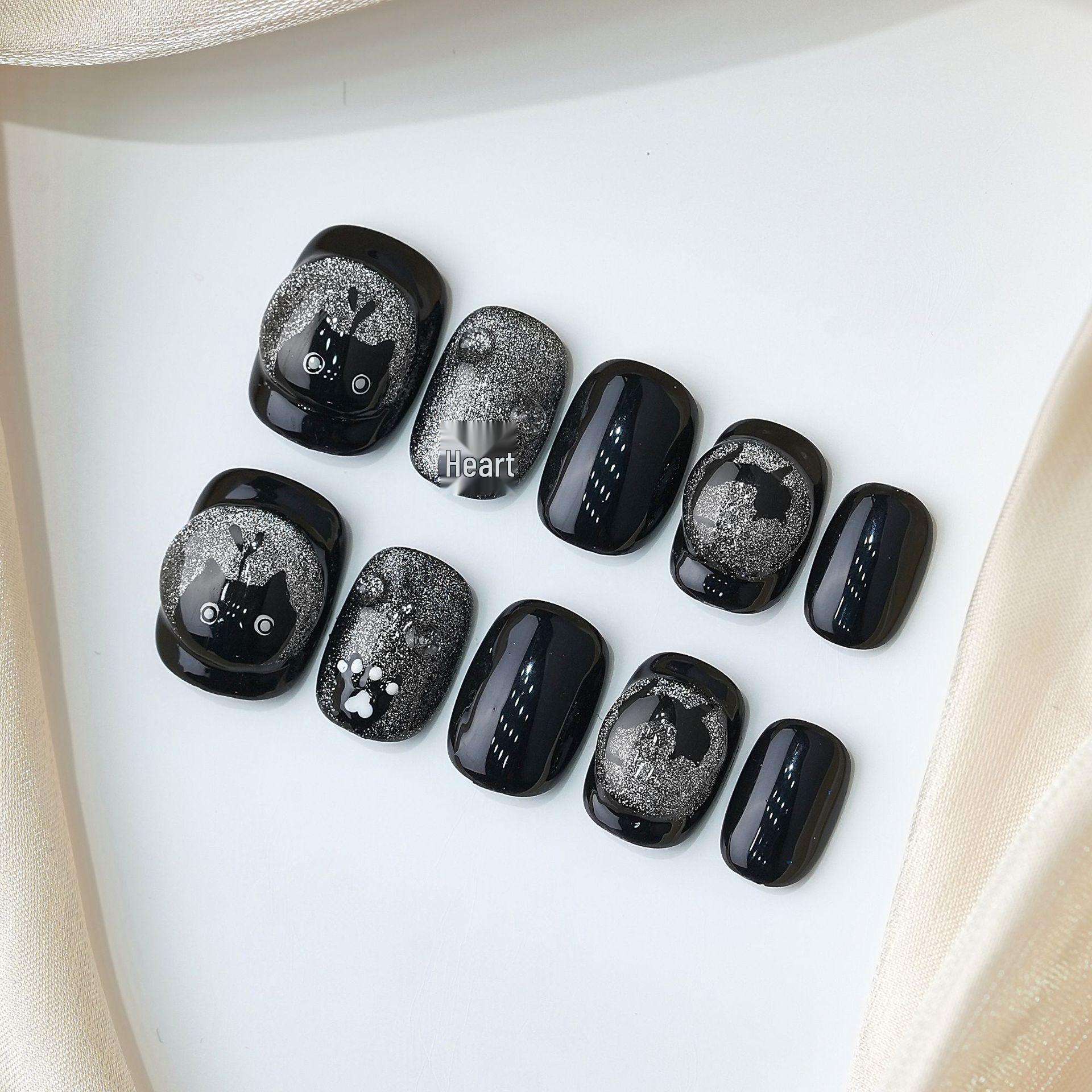 

Hand-Painted Black Cat Spicy Eerie Style Wearable Nail Art Medium M