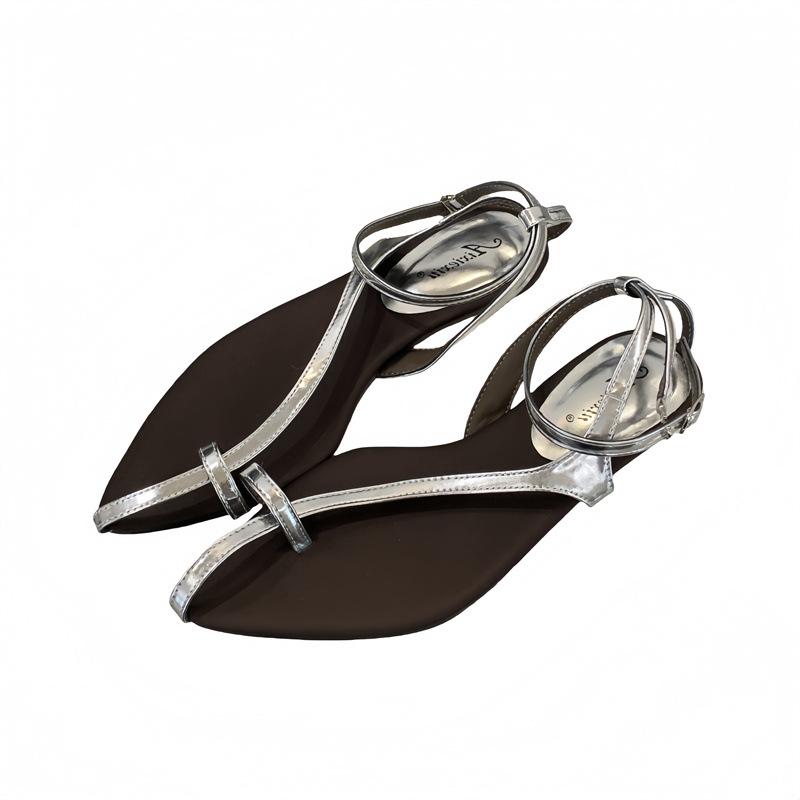 Coarse Heel Silver Pointed Tip Strap Sandals Fairy Shoes with Skirt Clippers