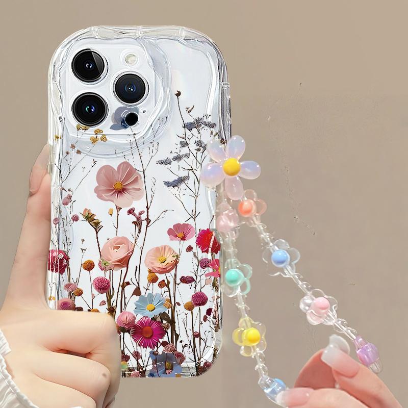 Clear Floral Leaf Chain Strap 3D Wave Case For IPhone 17 16 15 14 13 12 11 Pro Max 17 Pro 17 Air 16e 16 Plus 13 Mini Soft Cover