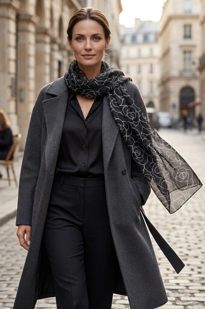 Black Scarf with White Floral Outline - Elegance and Lightness