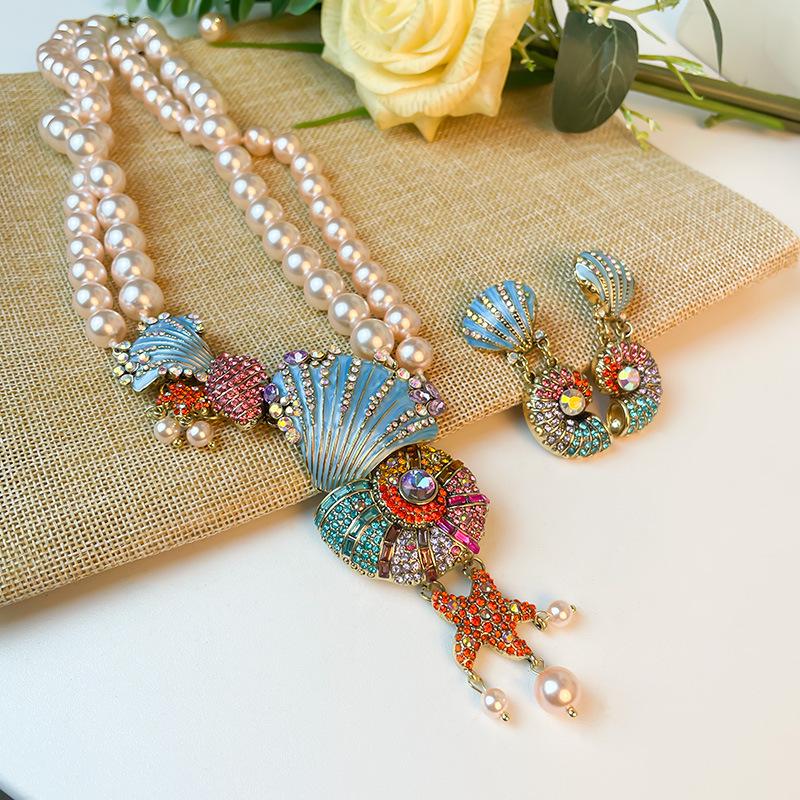 Vibrant Rhinestone Pearl Necklace & Marine Life Tassel Earrings Set