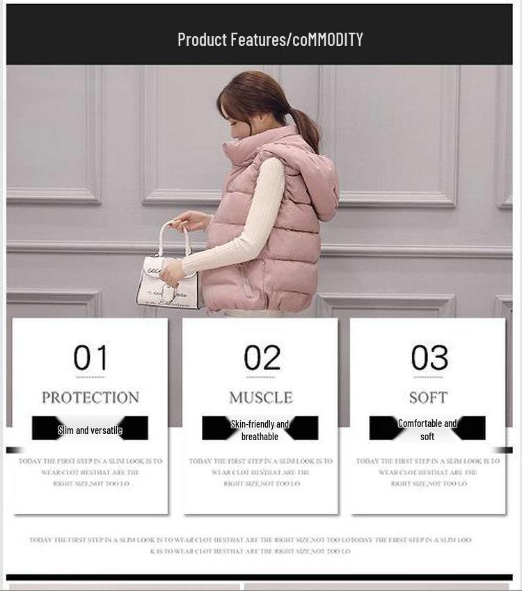Autumn/Winter 2025 Women's Slim Fit Down Cotton Vest with Detachable Hood - Korean Style, Warm, Sleeveless, Short Length.