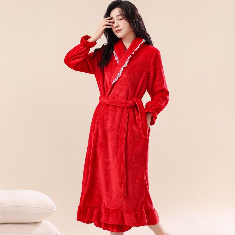 Damen Flanell Bademantel in Übergröße - Warm, Sexy, Mittellang, Homewear für Herbst & Winter