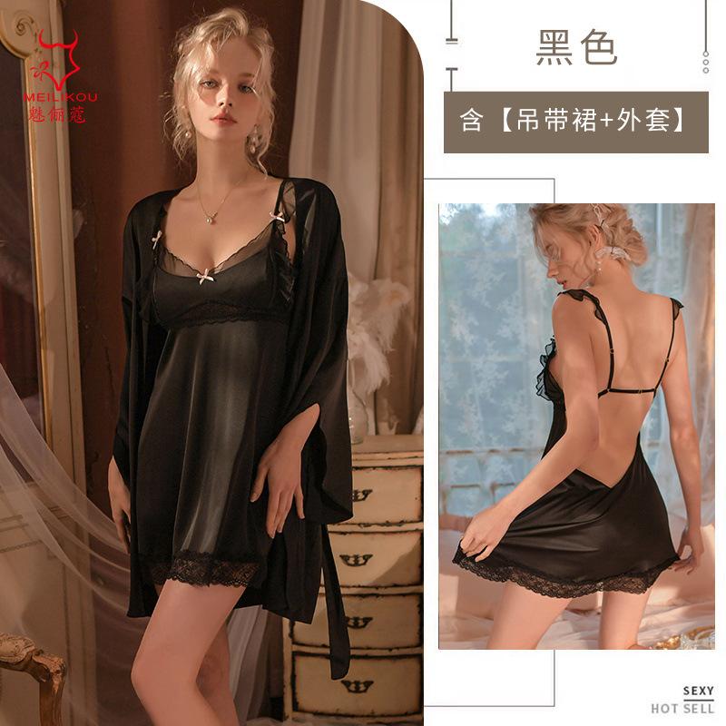 Sex pajamas suspender short nightdress simulation silk smooth dress thin lace nightgown homewear suit skirt