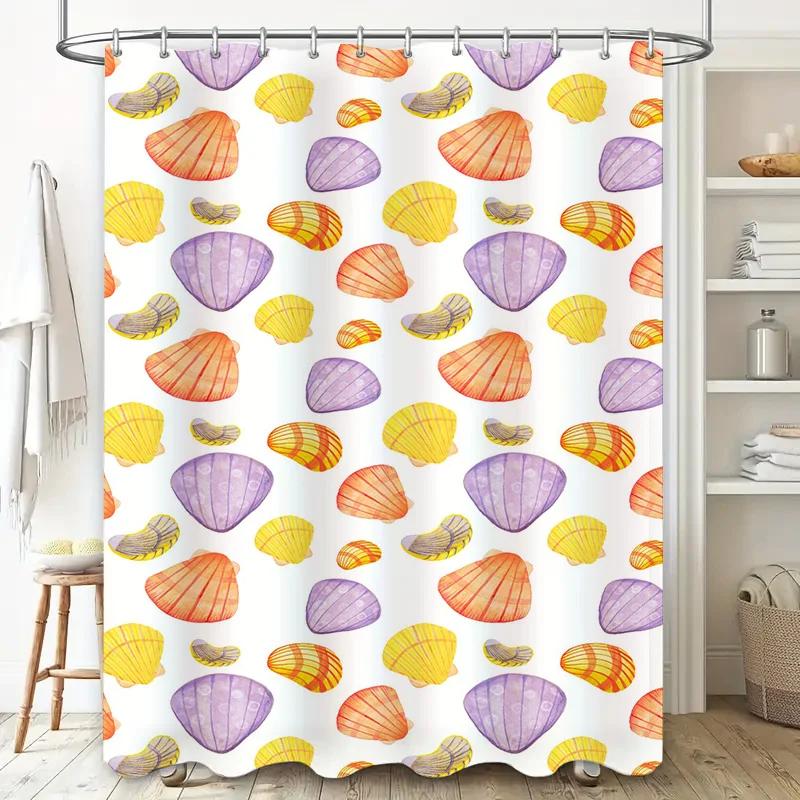 Watercolor Seashell Shower Curtain Purple Yellow Orange Blue White Print Fabric Waterproof Decorative Bath Rug Cover Home Decora