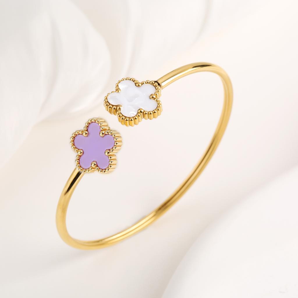 New Creative Stainless Steel Five-Leaf Flower Open Bangle Temperament For Woman Party Birthday Zircon Gift Daily Wear Clover