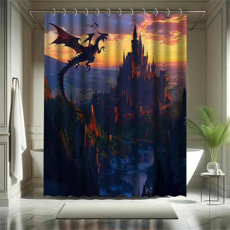 Castle Evil Dragon Shower Curtain Set - Flying To The Castle, Polyester Fabric, Bathtub Partition, Modern Bath Decor