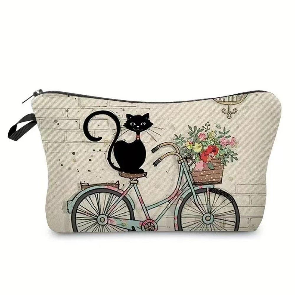 Cute Black Cat Print Cosmetic Bag Large Capacity Polyester Makeup Organizer Portable with Zipper Tarvel Storage Bag