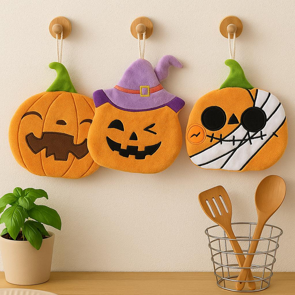 Coral Velvet Hand Towel Halloween Pumpkin Hanging Type Kitchen Towels Bathroom Absorbent Quick Drying Hand Towels Wholesale