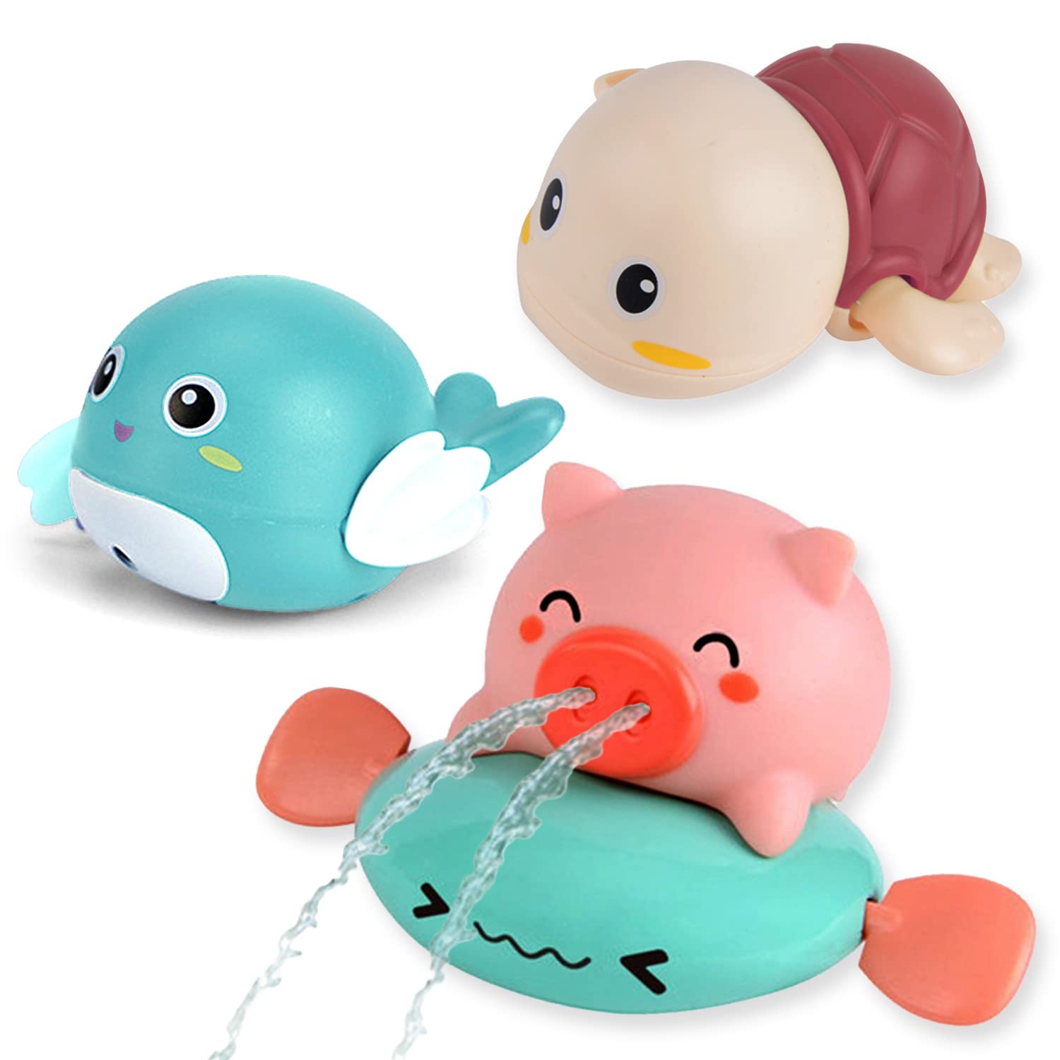 

JUYEE Bath Toys, Baby Water Play Toys, Popular Rainbow Shower, Pig, Turtle, and Dolphin, Birthday Gift, Baby Shower Gift (3-Piece Set (1 Pig, 1